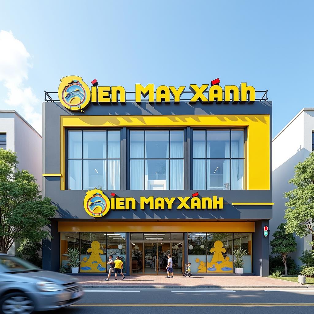 Mặt tiền cửa hàng Điện Máy Xanh Phú Chánh tại Tân Uyên, Bình Dương với biển hiệu màu xanh vàng đặc trưng