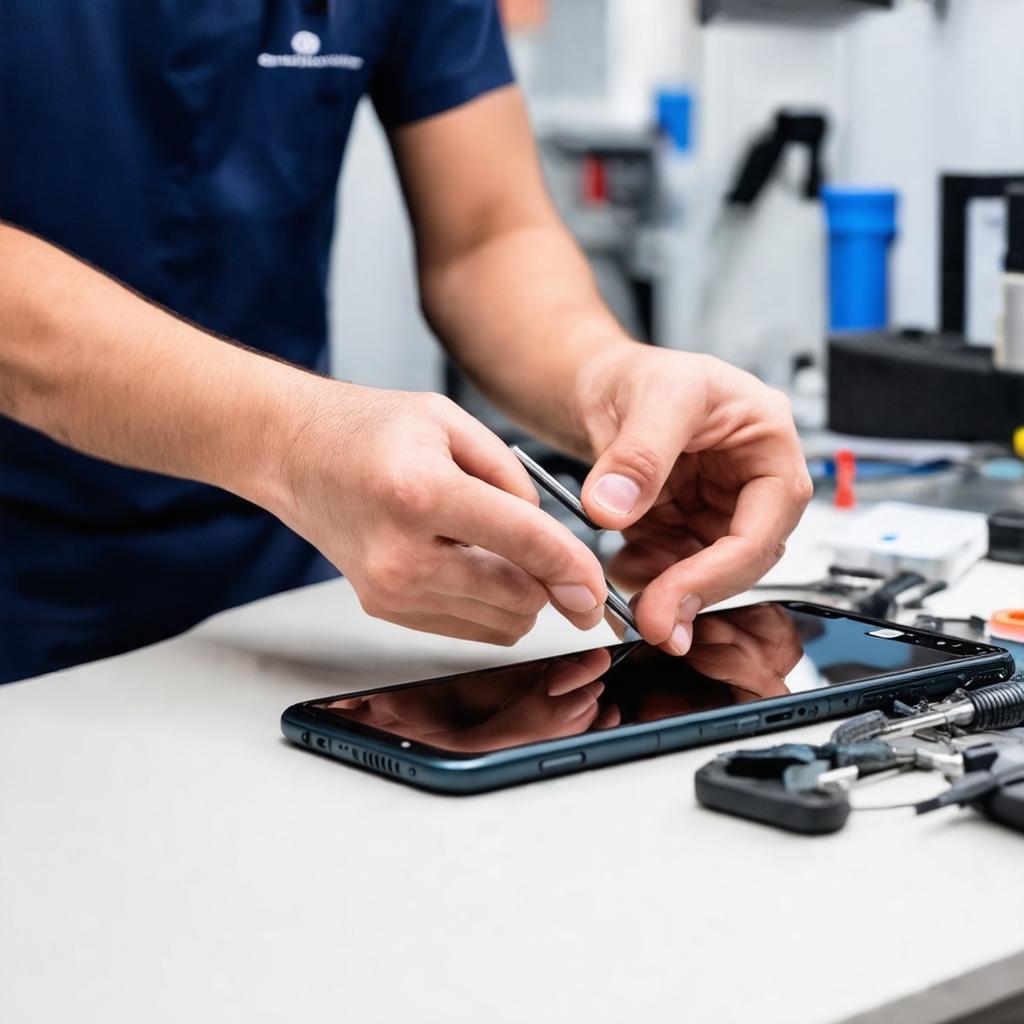 Kỹ thuật viên đang sửa chữa điện thoại chuyên nghiệp tại Ngọc Thúy Mobile 176 Trương Định