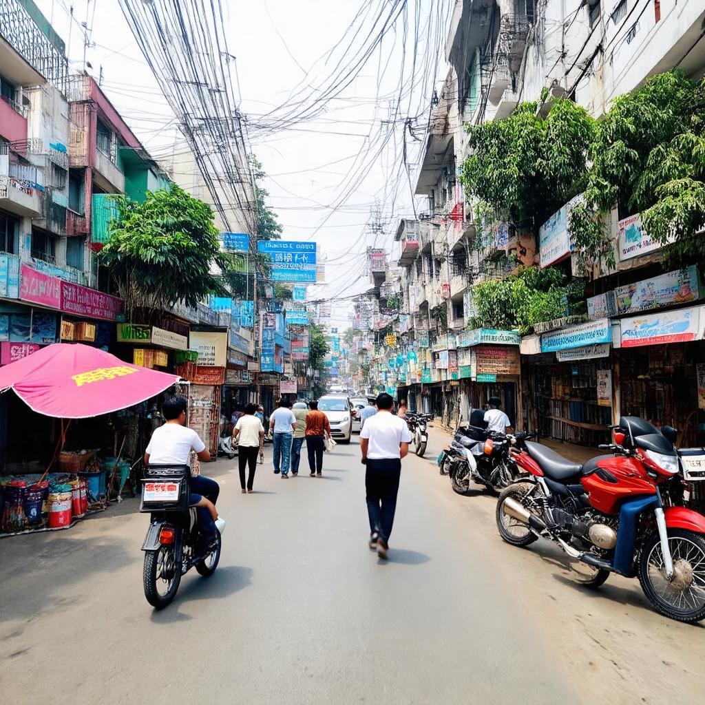Một khung cảnh nhộn nhịp của đường D5 gần Trường Đại học Ngoại thương cơ sở 2, với các quán ăn, cửa hàng tấp nập sinh viên và người dân.