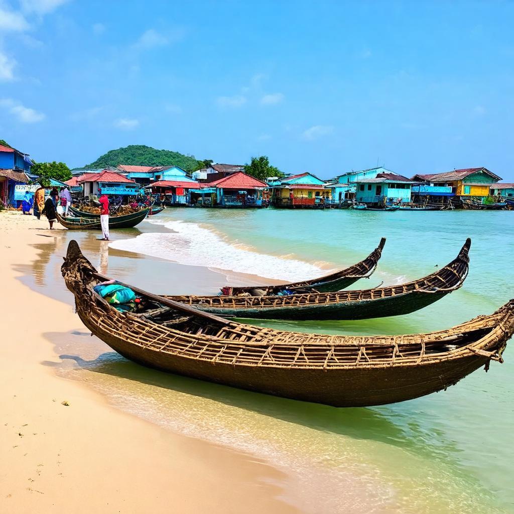 Khung cảnh biển Long Hải gần Đoàn An Điều Dưỡng 298, với thuyền thúng và không khí làng chài