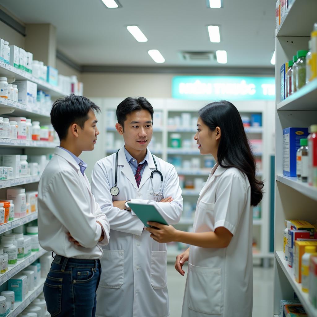 Ben trong Nha thuoc Tien Trang, cac ke thuoc va duoc si dang tu van cho khach hang, the hien su chuyen nghiep va tan tam