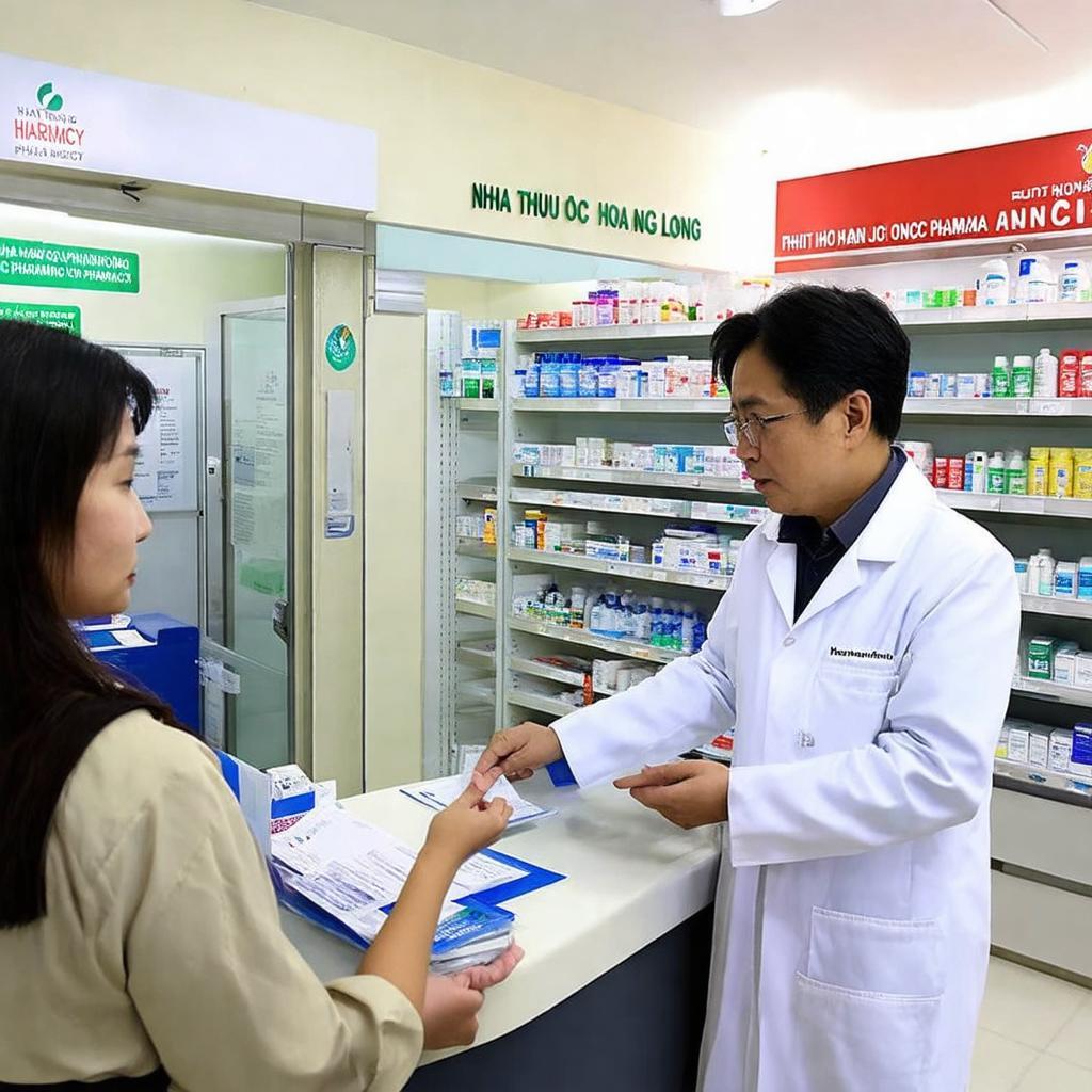 Duoc si Nha thuoc Hoang Long tan tinh tu van ve thuoc va suc khoe cho khach hang.