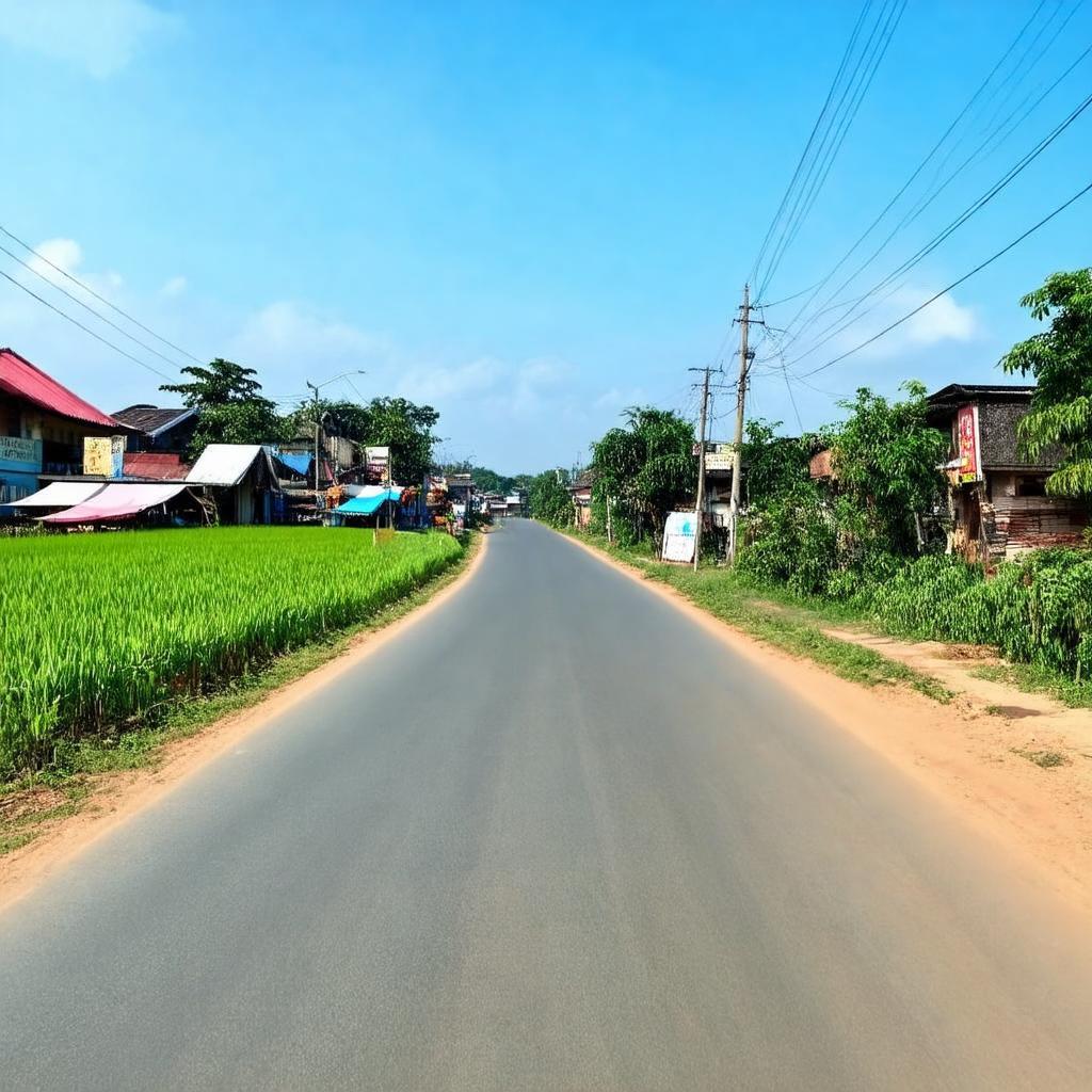 Con đường dẫn vào khu vực chợ Đà Loan, xã Đa Loan, Đức Trọng, Lâm Đồng với cảnh quan đặc trưng vùng quê