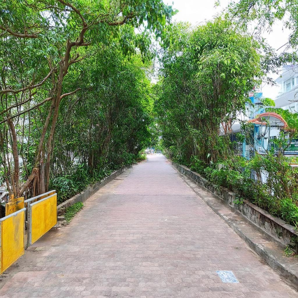 Lối đi sạch sẽ và rợp bóng cây dẫn vào Công viên Hòa Bình Quận 5