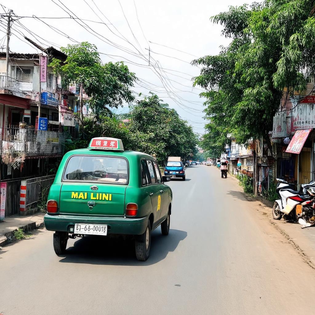 Canh quan duong Ho Tung Mau o Duc Trong, co bong dang xe taxi Mai Linh di qua