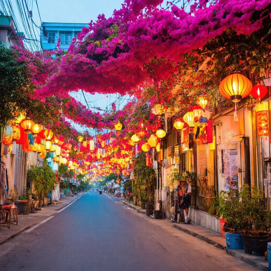 Khung cảnh Đường Lương Nhữ Hộc Đà Nẵng rực rỡ với đèn lồng và hoa giấy ban đêm