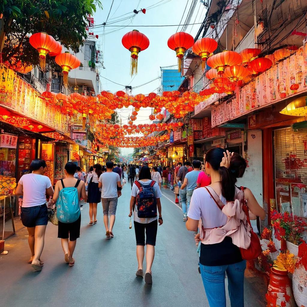 Du khách chụp ảnh lưu niệm trên Đường Lương Nhữ Hộc Đà Nẵng nhộn nhịp