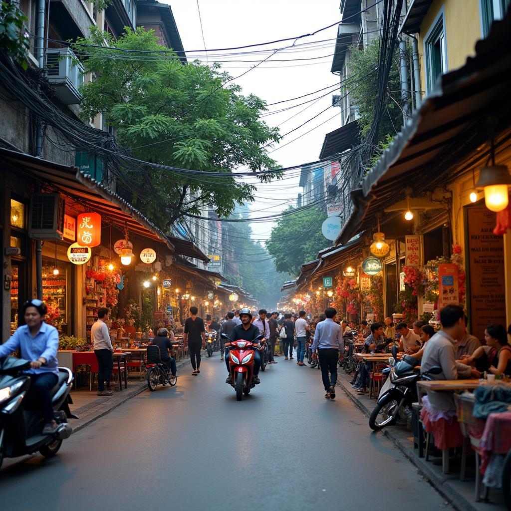 Cảnh Tăng Thiết Giáp nhộn nhịp: Nhiều cửa hàng, quán ăn, người đi lại tấp nập.