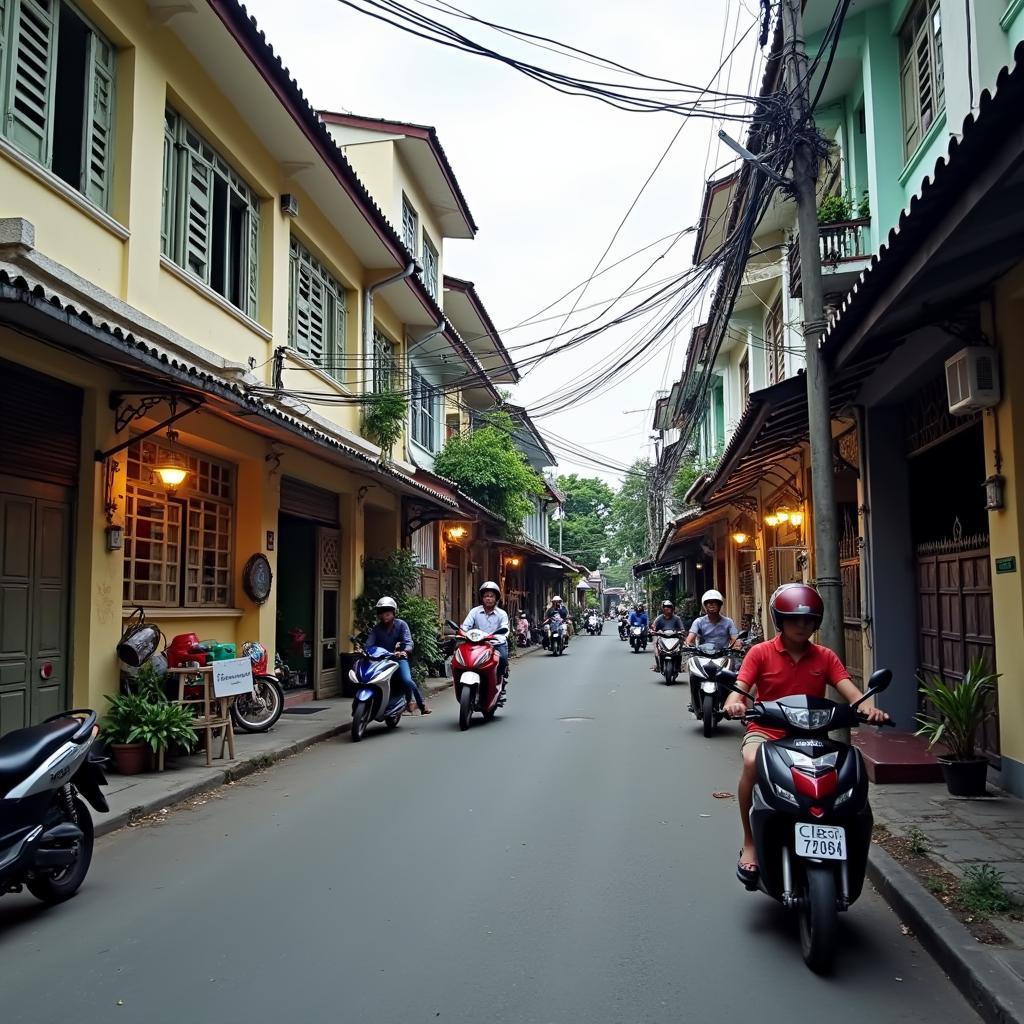 Kiến trúc nhà ở và cửa hàng đặc trưng trên Đường Tăng Thiết Giáp, Cổ Nhuế, Hà Nội.
