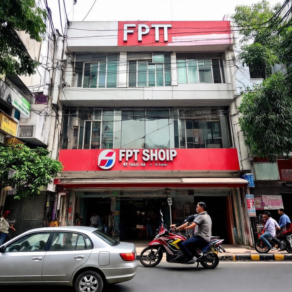 Ngoại cảnh cửa hàng FPT Shop 45 Thái Hà sầm uất tại trung tâm quận Đống Đa, Hà Nội.