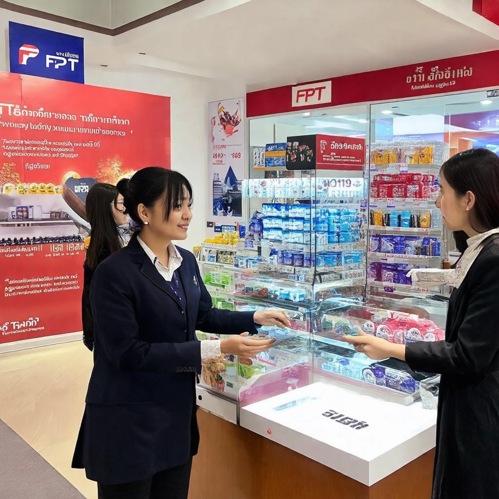 Nhân viên FPT Shop 45 Thái Hà tư vấn khách hàng và giới thiệu chương trình khuyến mãi.