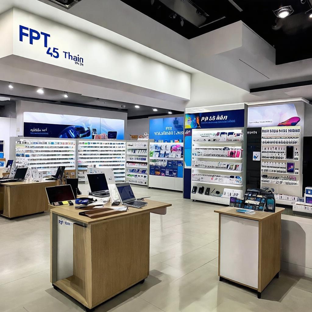 Nội thất hiện đại FPT Shop 45 Thái Hà trưng bày đa dạng điện thoại, laptop, phụ kiện.