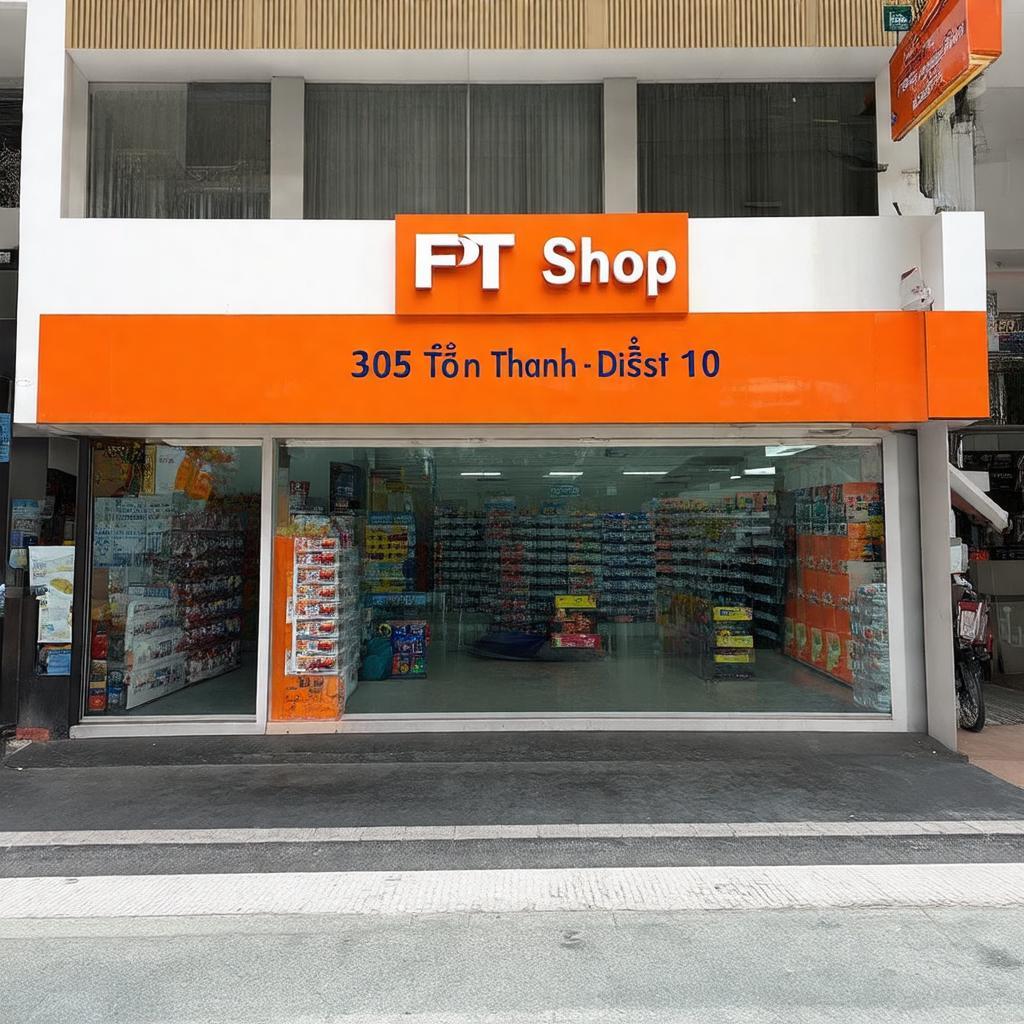 Mặt tiền cửa hàng FPT Shop 305 Tô Hiến Thành, Quận 10 với bảng hiệu cam đặc trưng.