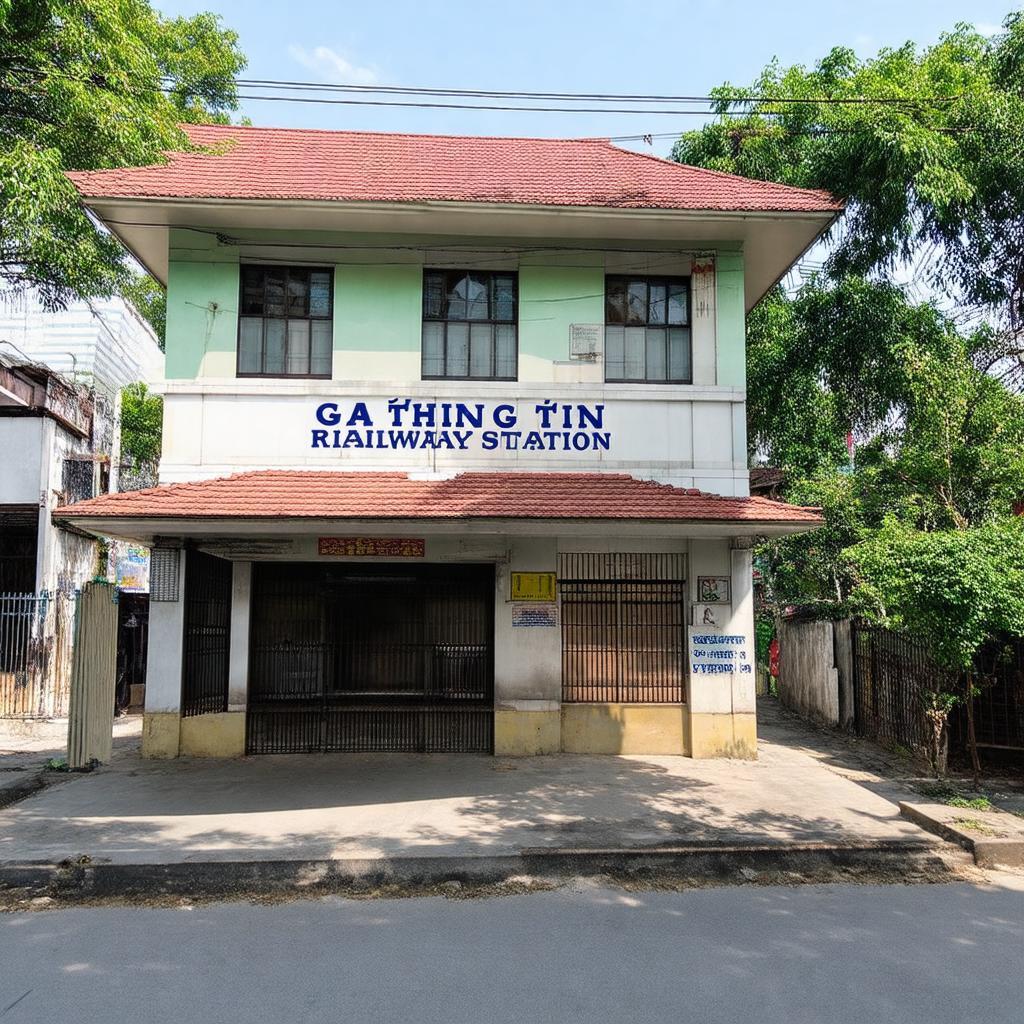 Cảnh quan bên ngoài Ga Thường Tín ở Hà Nội, thể hiện kiến trúc nhà ga đường sắt địa phương.