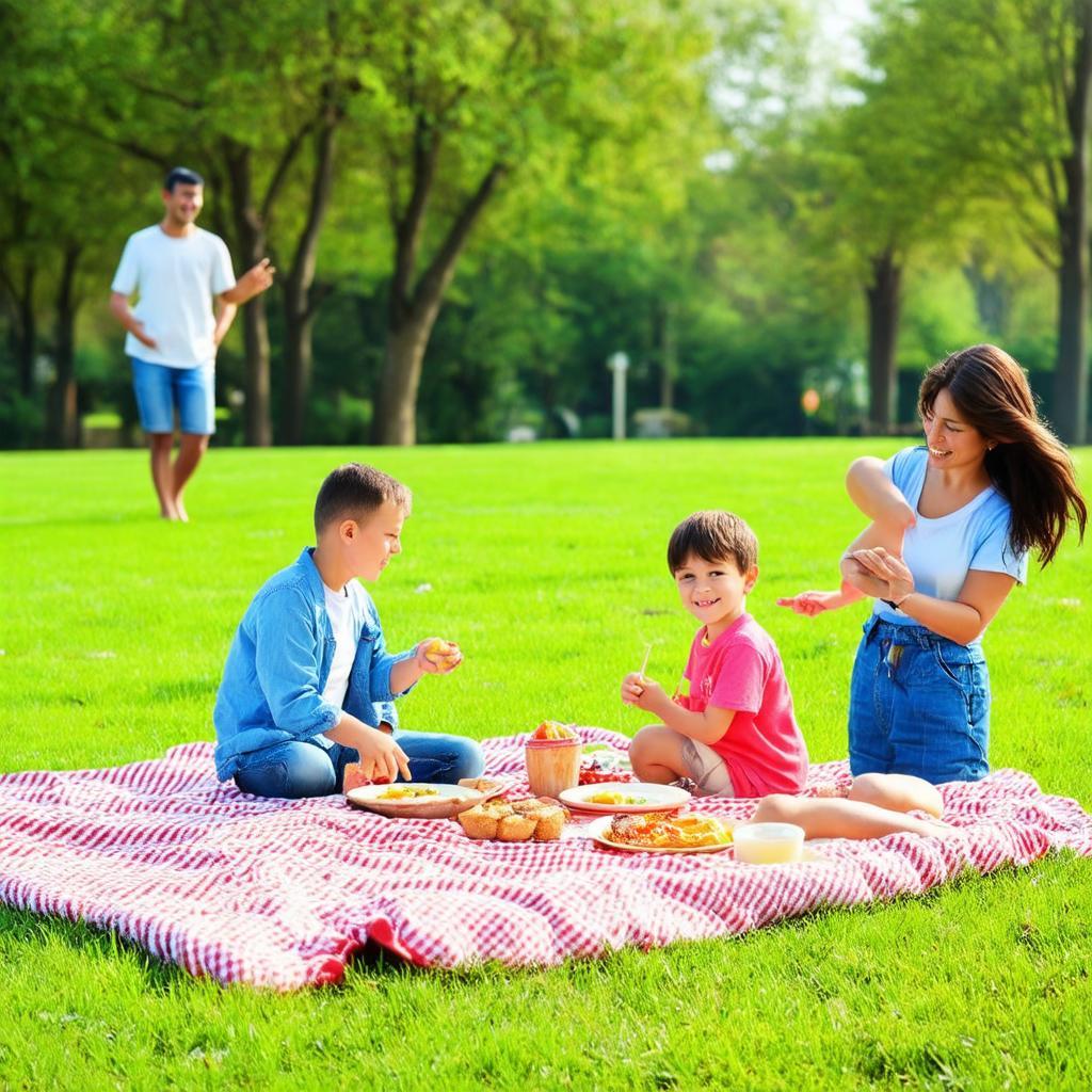 Gia đình có trẻ nhỏ trải thảm picnic và vui chơi trên bãi cỏ rộng tại công viên.