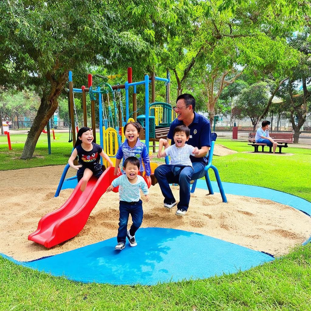 Gia đình vui chơi, trẻ em chạy nhảy tại khu vực sân chơi an toàn trong công viên