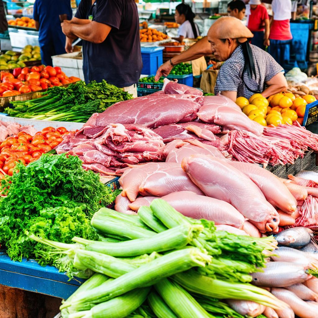 Các gian hàng bán thịt, cá, rau củ tươi sống tại Chợ Tam Bình