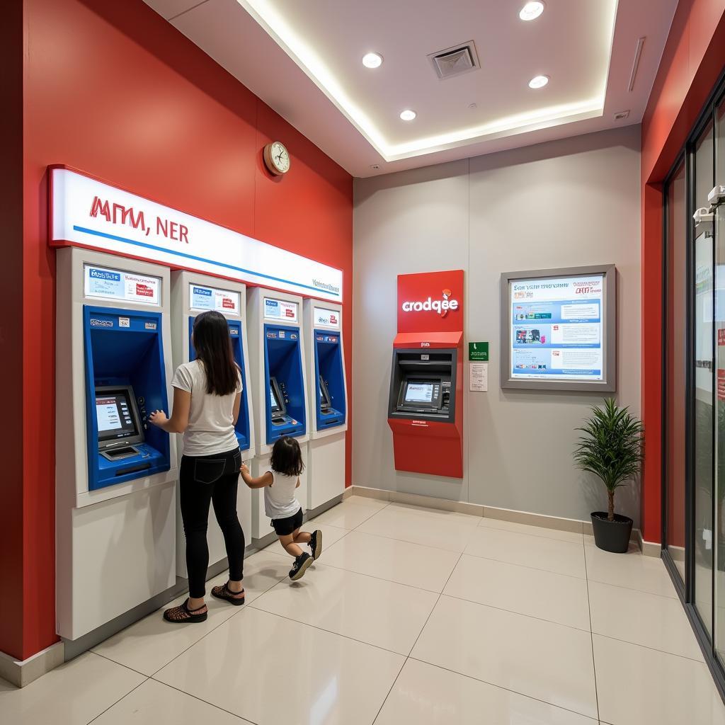 Khach hang dang thuc hien giao dich tai khu vuc ATM cua chi nhanh Vietcombank 564 Nguyen Van Cu