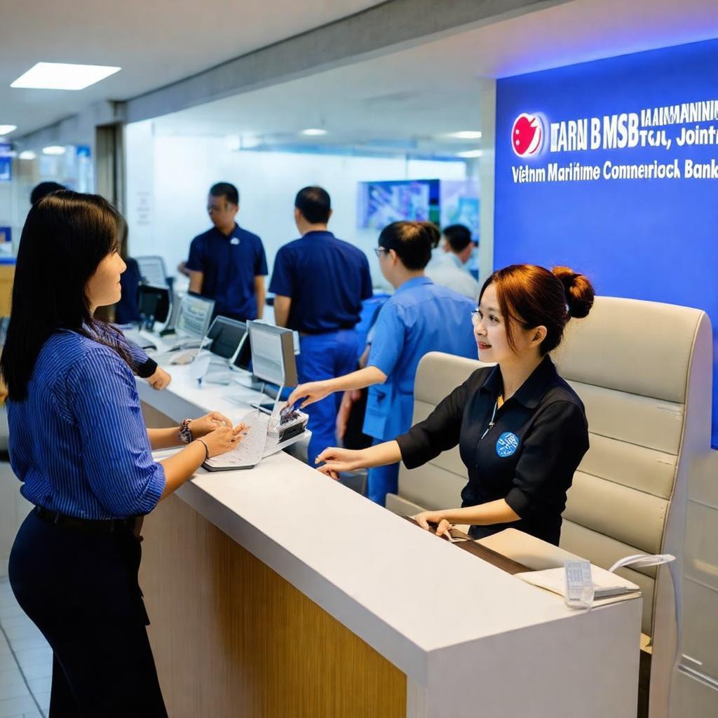 Khách hàng đang được nhân viên tư vấn về các dịch vụ tài chính tại quầy giao dịch ngân hàng MSB.