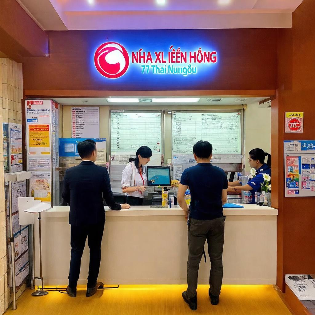 Khách hàng và nhân viên tại quầy giao dịch Nhà Xe Liên Hưng Nha Trang