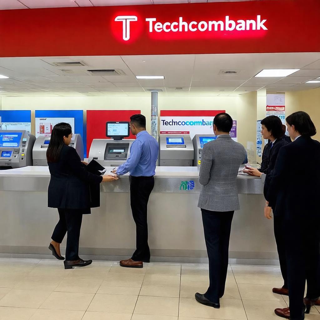 Khách hàng giao dịch và logo Techcombank tại Quận 12