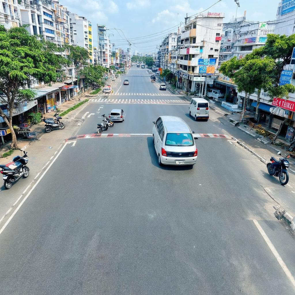 Hình ảnh Ngã tư Cầu Ông Bô, Thuận An sầm uất với giao thông tấp nập và các tòa nhà xung quanh