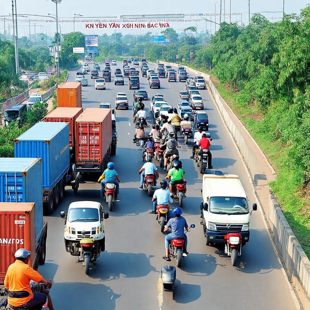 Cảnh giao thông đông đúc tại cửa ngõ Khu công nghiệp Yên Phong qua Ngã ba Đông Yên
