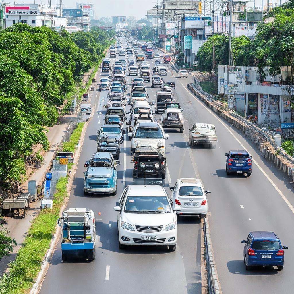 Toàn cảnh một đoạn Đại lộ Bình Dương nhìn về khu vực Trạm thu phí Suối Giữa với lưu lượng giao thông hiện tại