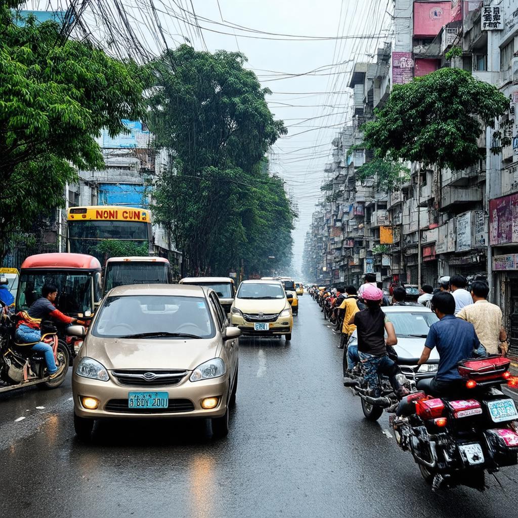 Cảnh giao thông đông đúc trên đường Cầu Bươu gần Ngõ 8 vào giờ cao điểm tại Hà Nội.
