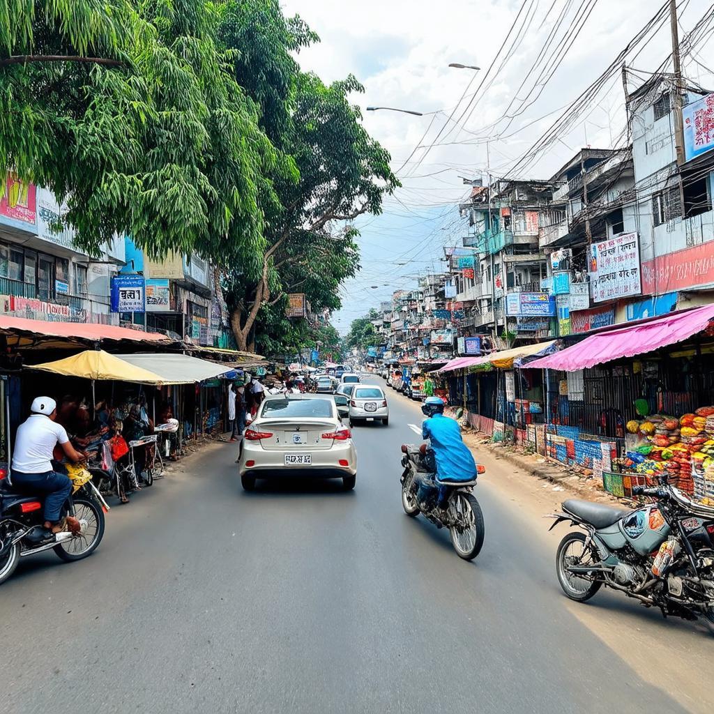 Hình ảnh minh họa giao thông tấp nập trên đường ĐT 743 gần khu vực chợ Phú Phong, Bình Chuẩn