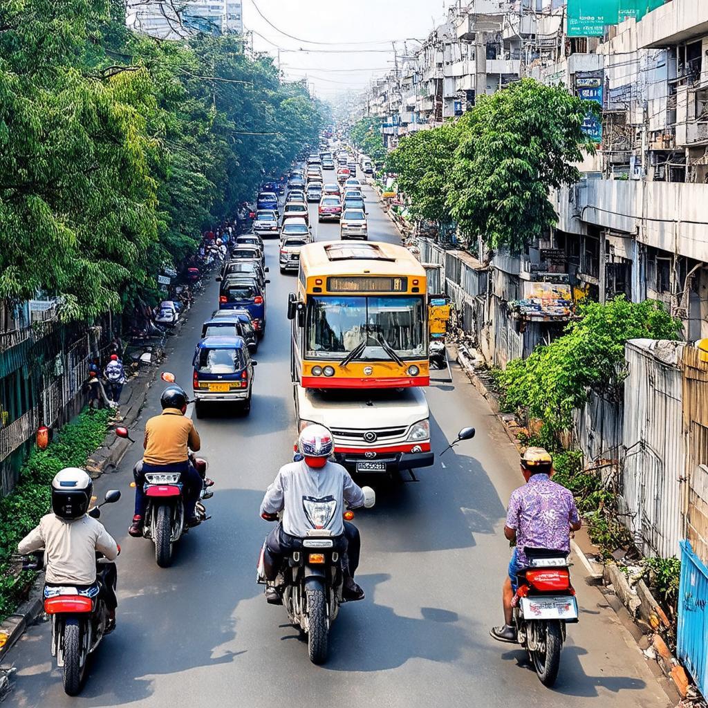 Khung cảnh giao thông tấp nập trên tuyến đường Minh Khai gần khu vực Ngõ Gốc Đề Hoàng Mai