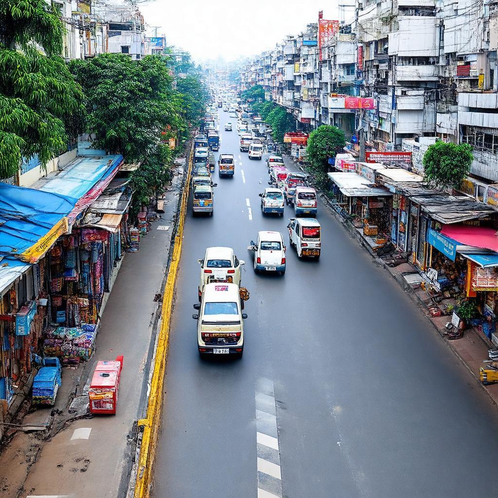 Hình ảnh một đoạn Đường Hoàng Thị Loan vào ban ngày cho thấy lưu lượng xe cộ vừa phải và hoạt động buôn bán hai bên đường.