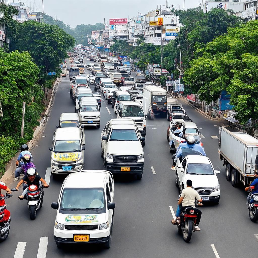 Cảnh kẹt xe hoặc giao thông đông đúc tại Vòng Xoay Bến Cát, Nhơn Trạch vào giờ cao điểm.