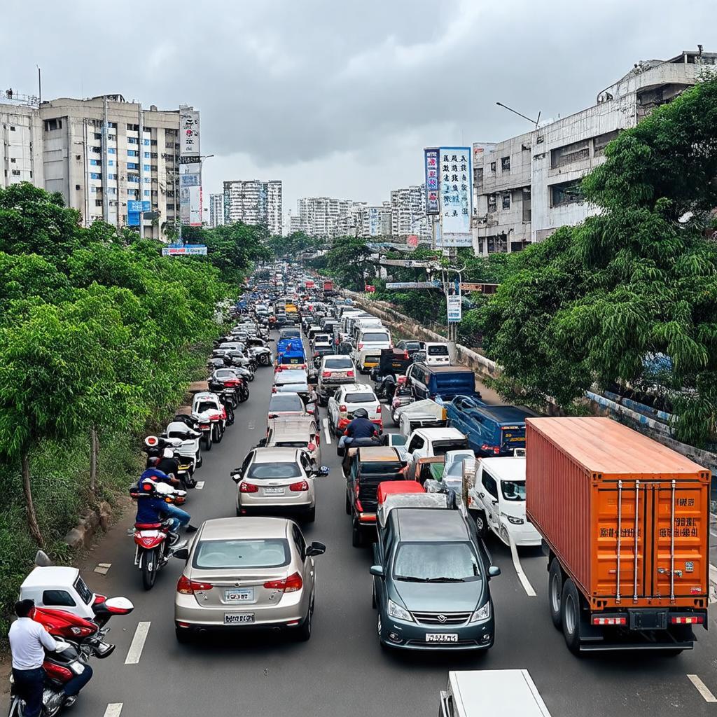 Cảnh kẹt xe, ùn tắc giao thông với nhiều loại xe tại Ngã ba Đồn vào giờ cao điểm.