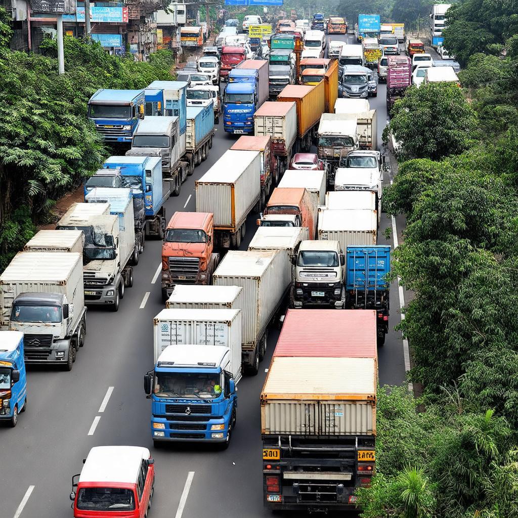 Cảnh kẹt xe nghiêm trọng tại Ngã ba Mỹ Xuân với hàng dài xe container và xe tải vào giờ cao điểm.
