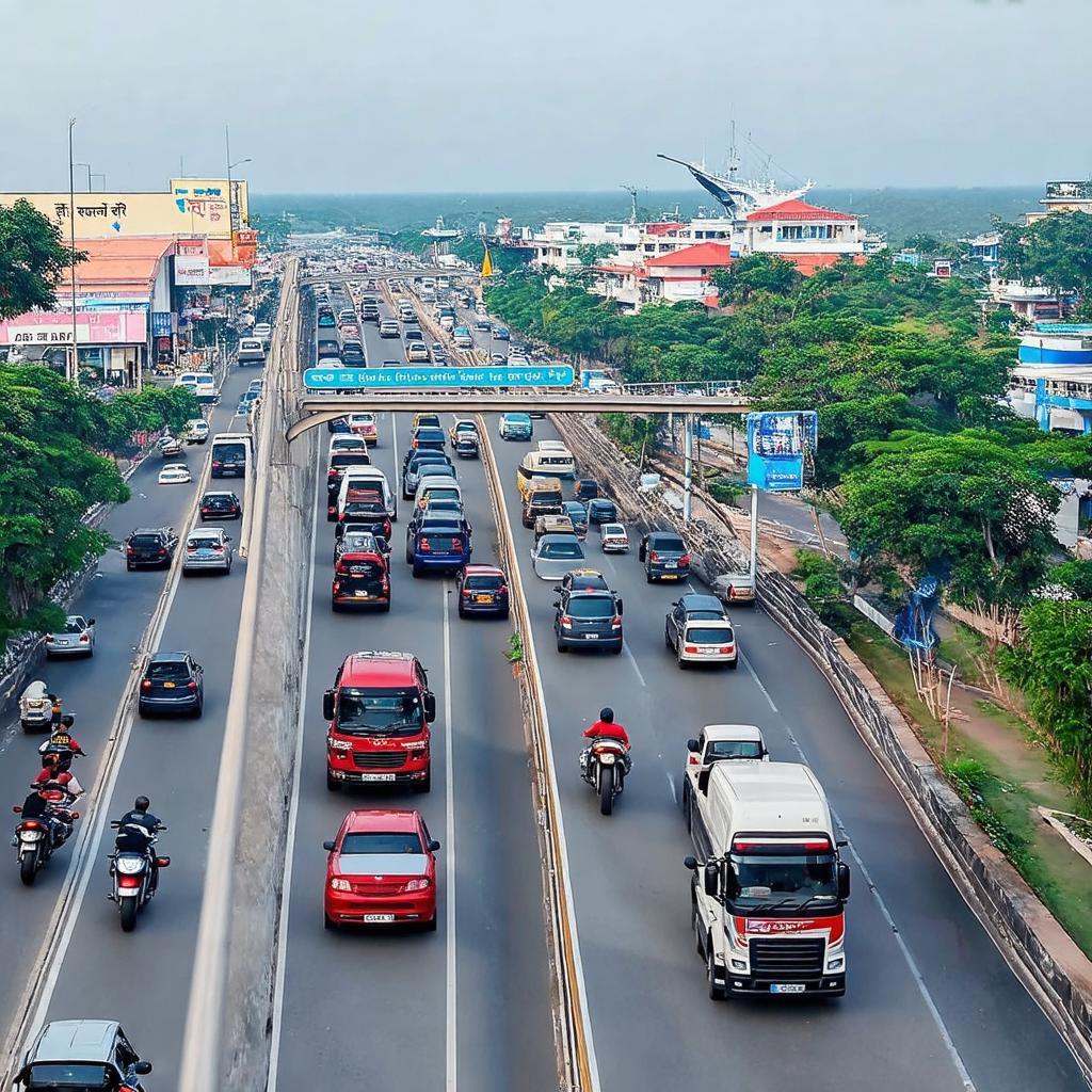 Giao thông đông đúc tại Ngã ba Mỹ Ca, Cam Ranh, thể hiện vai trò kết nối cảng và kinh tế.