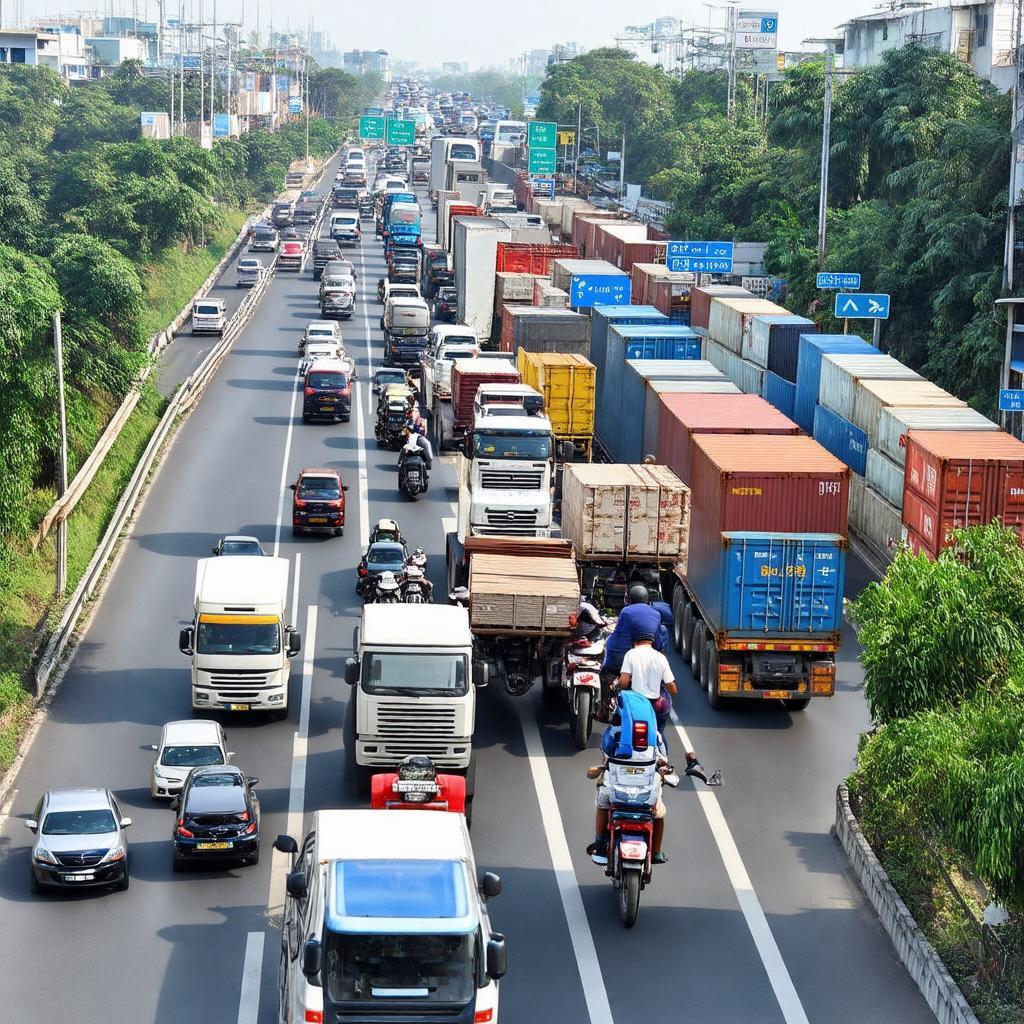 Cảnh giao thông đông đúc tại ngã ba Nhơn Trạch quốc lộ 51, nhiều xe tải và container di chuyển