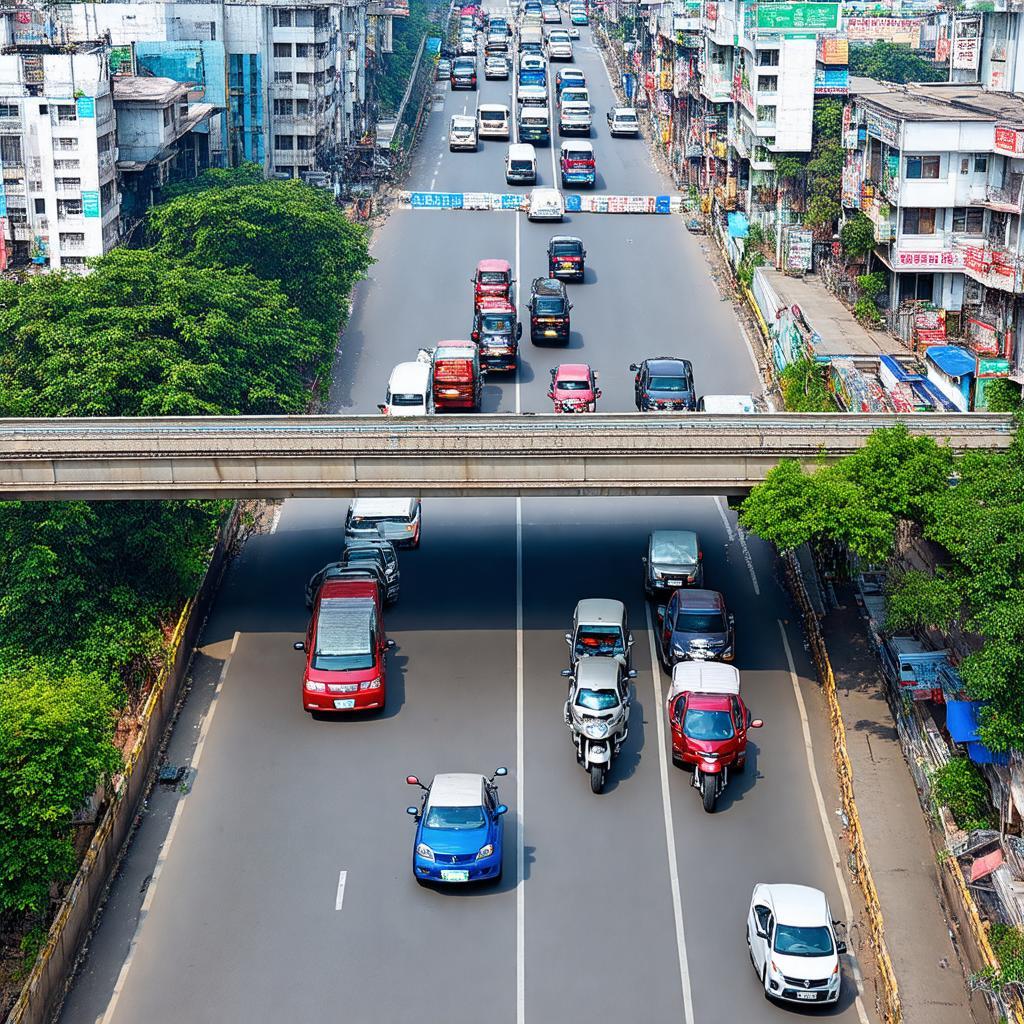 Toàn cảnh cầu vượt và nút giao thông sầm uất tại Ngã Tư Sở, Thanh Xuân, Hà Nội vào giờ cao điểm