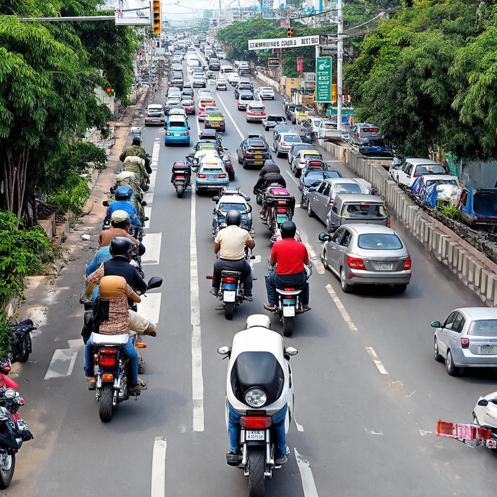 Cảnh giao thông vào giờ cao điểm tại Ngã tư Cầu Ông Bô, Thuận An với nhiều phương tiện đang di chuyển