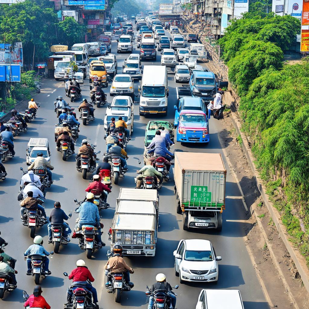 Cảnh giao thông nhộn nhịp tại Vòng xoay Hòa Khánh vào giờ cao điểm, với nhiều loại phương tiện di chuyển.