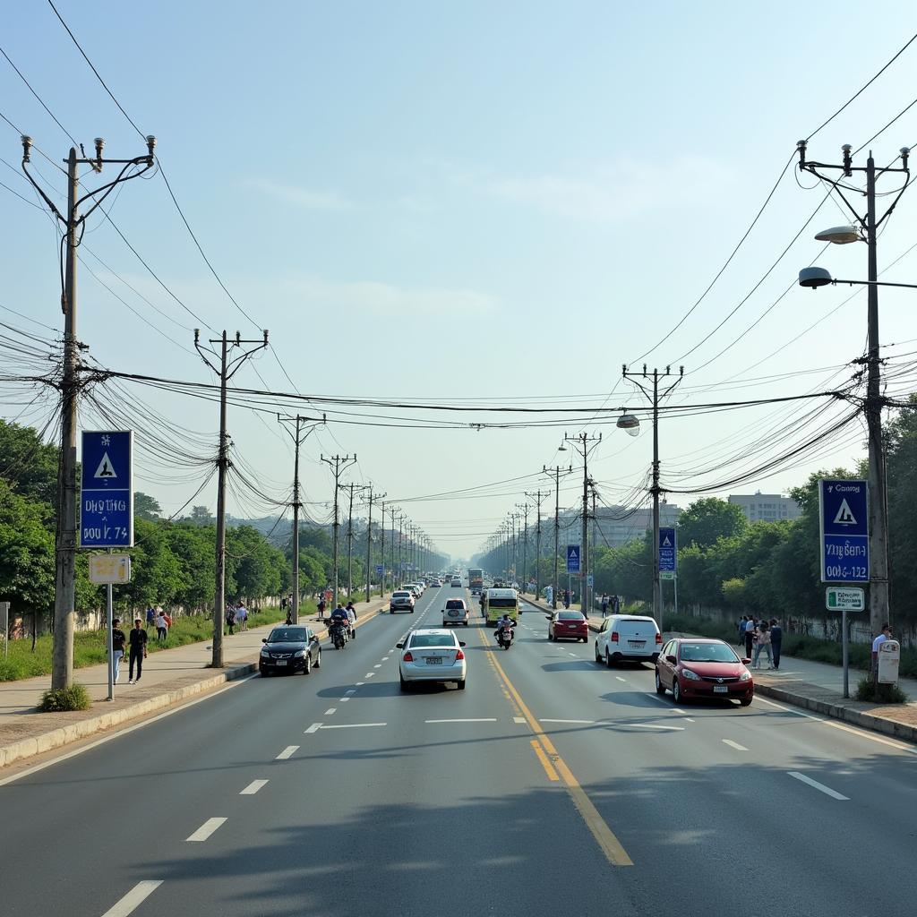 Cảnh quan giao thông tại Ngã ba Ông Tượng, huyện Tiền Hải, tỉnh Thái Bình vào ban ngày
