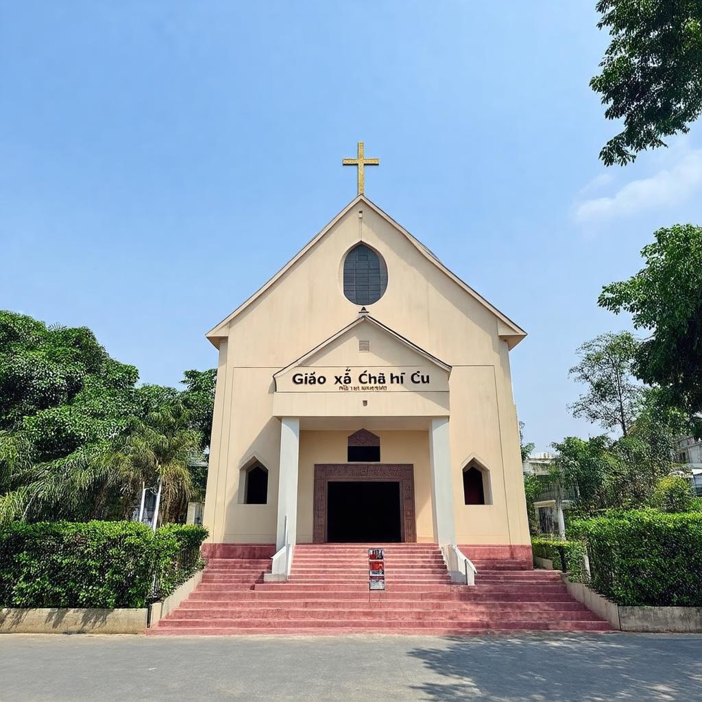 Ngoại cảnh kiến trúc mặt tiền Giáo xứ Chợ Cầu ở Quận 12, Thành phố Hồ Chí Minh.