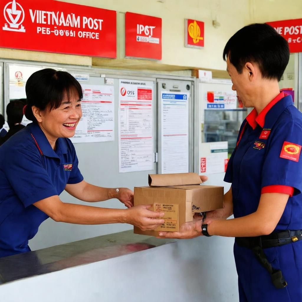 Khách hàng đang thực hiện giao dịch gửi hoặc nhận bưu phẩm tại quầy.