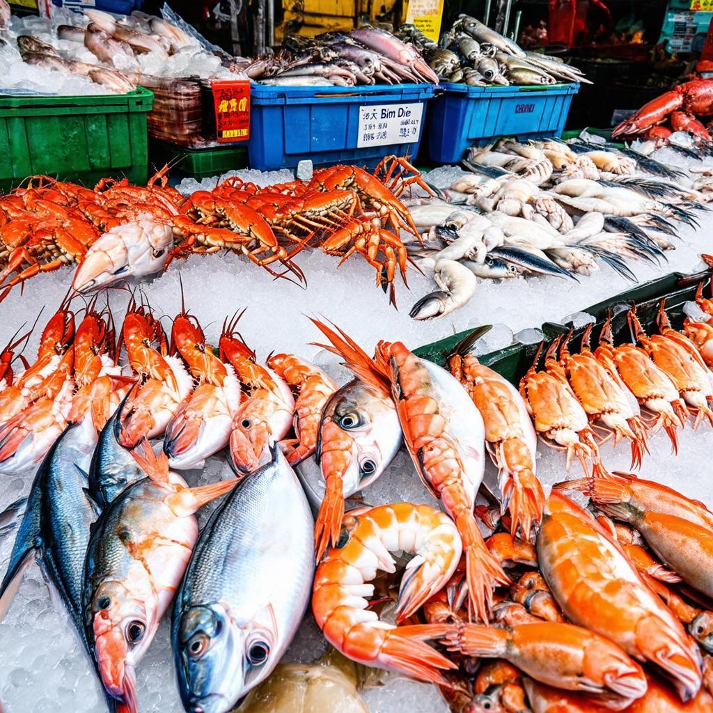 Khu vực bán thủy hải sản tươi sống đa dạng, tôm cá cua ghẹ tại Chợ Bình Điền