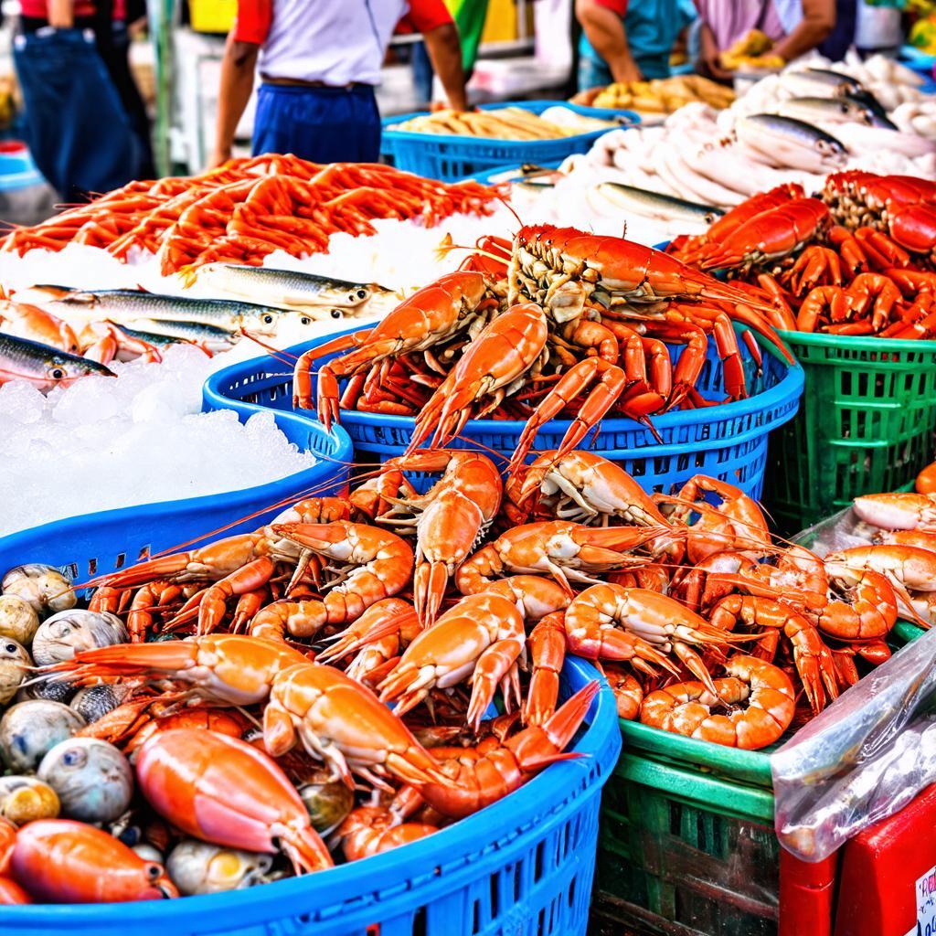 Hải sản tươi sống như tôm, cua, ghẹ bày bán tại chợ Còng Nghi Sơn.