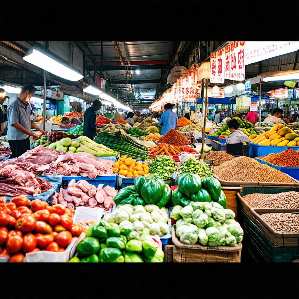 Các quầy hàng bày bán đa dạng thực phẩm tươi sống, hàng khô tại chợ Đình Phú Lợi, Thủ Dầu Một.