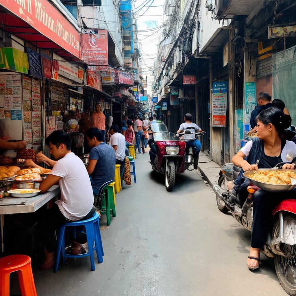 Hình ảnh con hẻm 141 Nguyễn Cư Trinh quận 1 tấp nập người, hàng quán và xe máy, thể hiện ẩm thực đường phố Sài Gòn