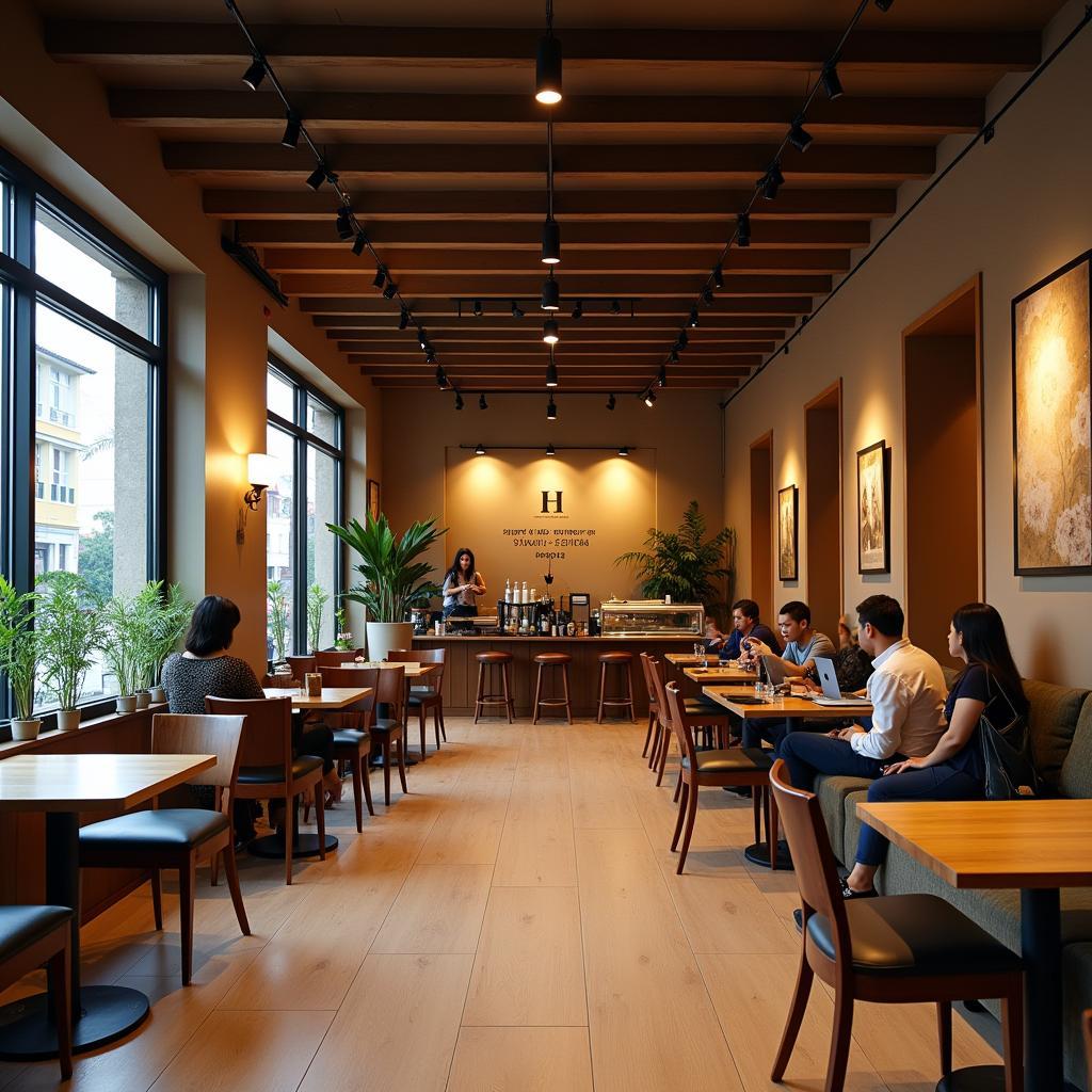 Không gian bên trong Highlands Coffee 121 Hàm Nghi, Quận 1, nhiều chỗ ngồi thoải mái cho làm việc và trò chuyện