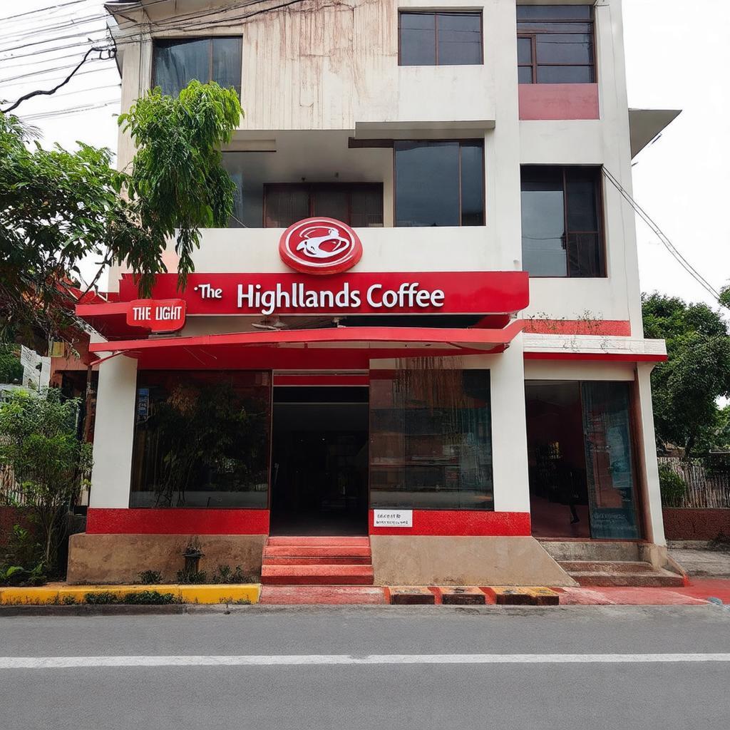 Mặt tiền quán Highlands Coffee tại 220 Trần Hưng Đạo Tuy Hòa với bảng hiệu đỏ đặc trưng.