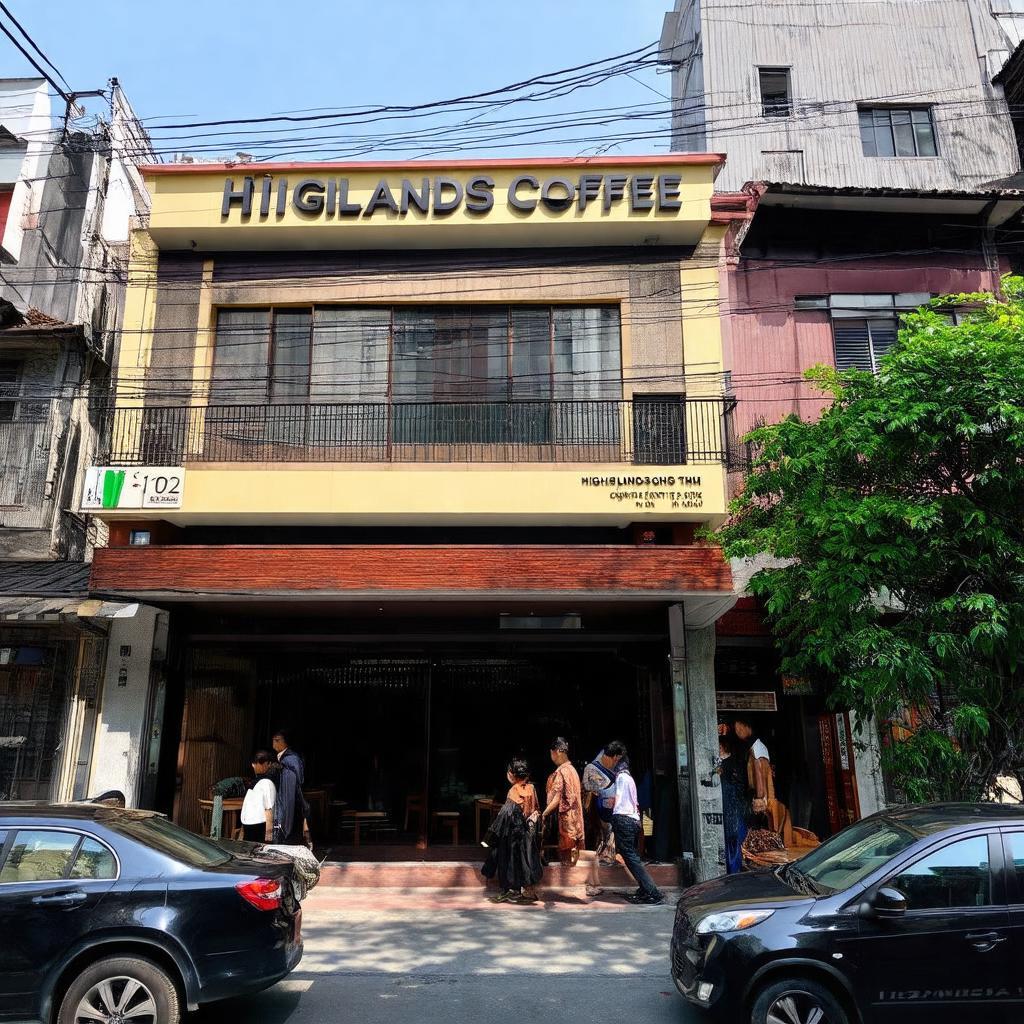 Mặt tiền quán Highlands Coffee 102 Phạm Ngọc Thạch trên con phố đông đúc Hà Nội